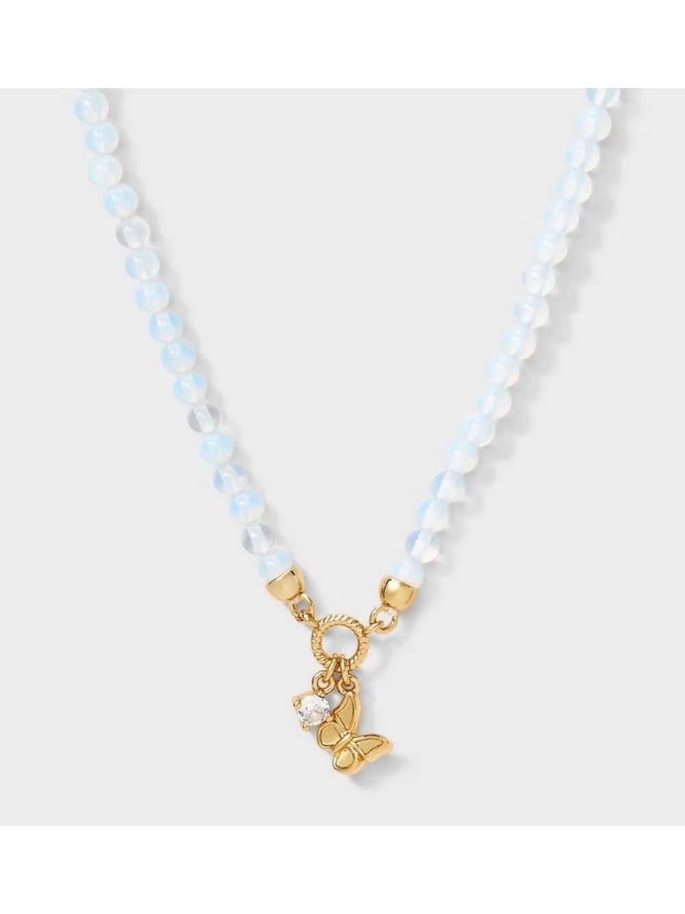 Natural Opalite Stone Bead Necklace with 14K Gold Butterfly And CZ Charm